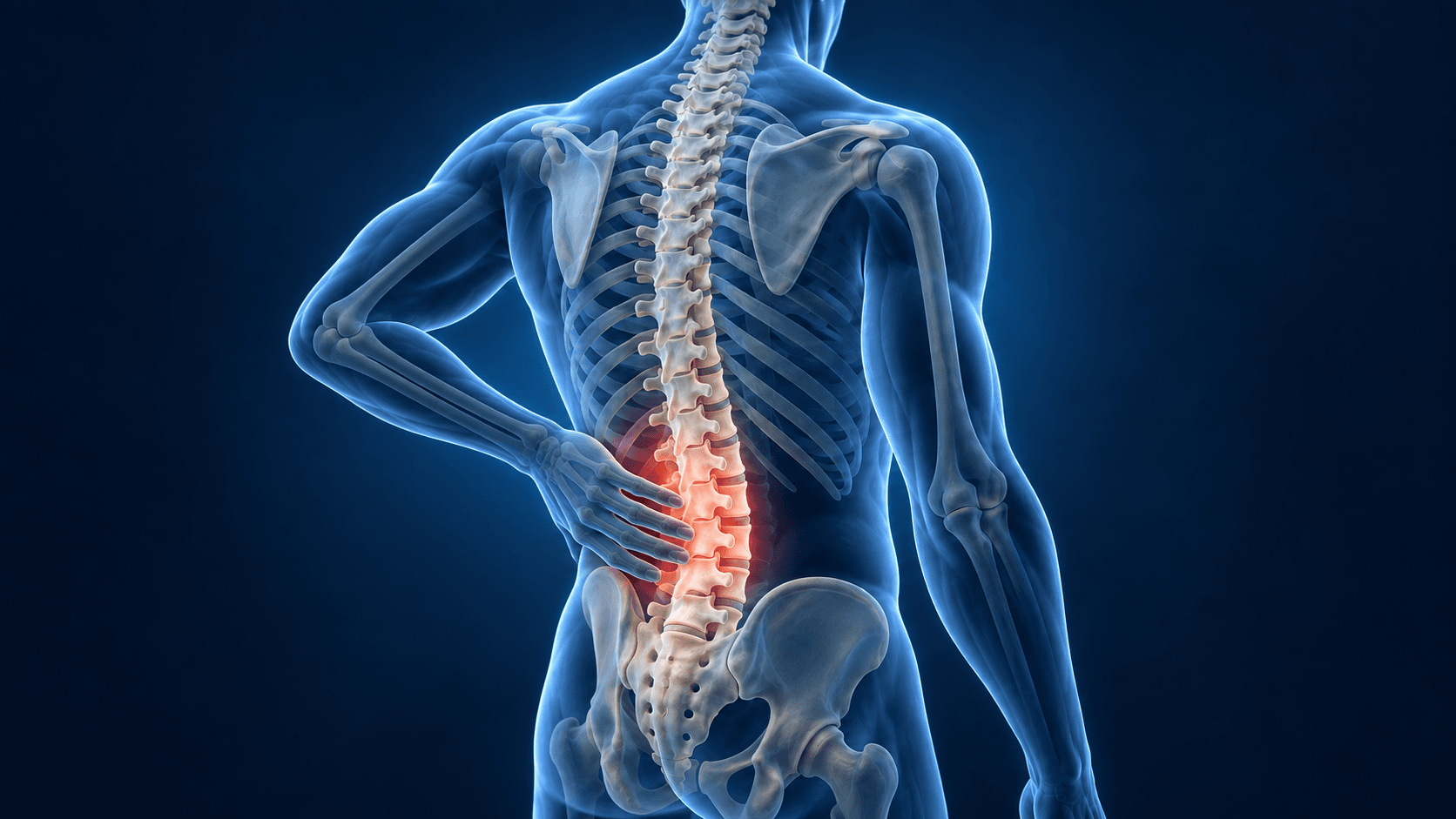 Stylised blue anatomical back with a hand resting on the lower back and a red highlight indicating discomfort