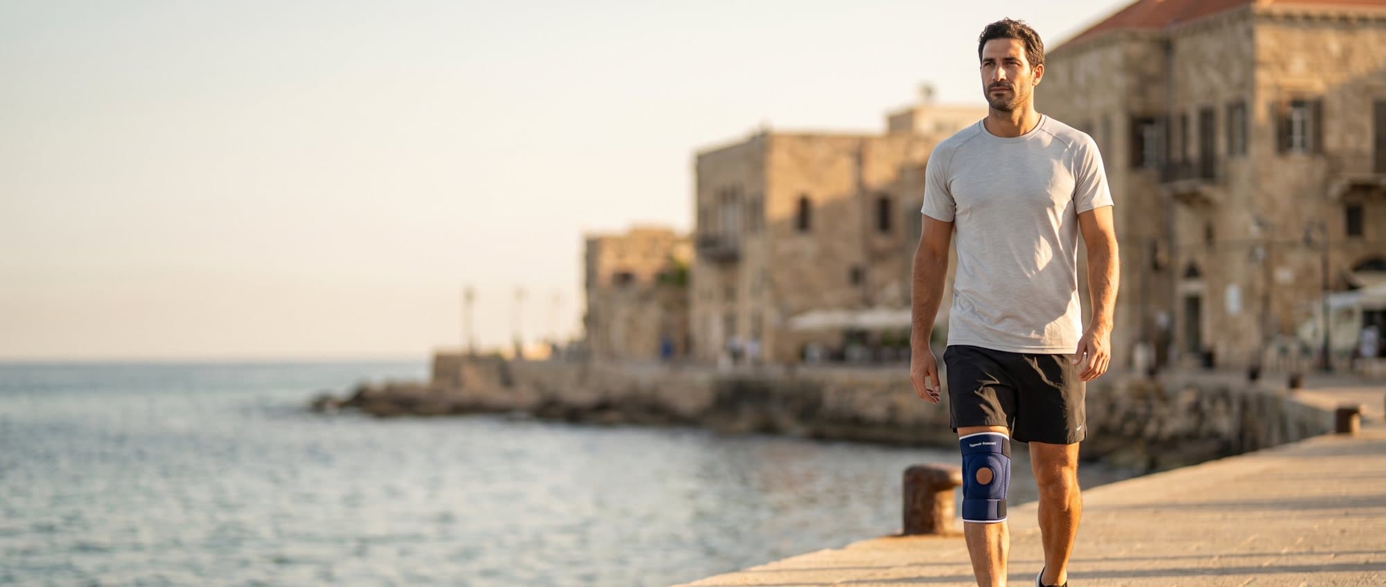 A man walking along a sunlit stone waterfront wearing a knee support